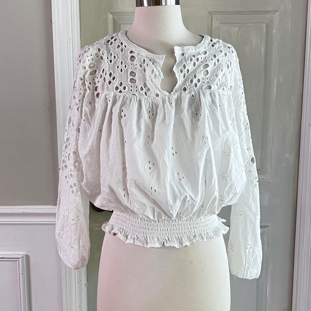 Venus Eyelet Blouse XS Womens Smocked Hem Balloon Sleeve White Cottagecore Boho